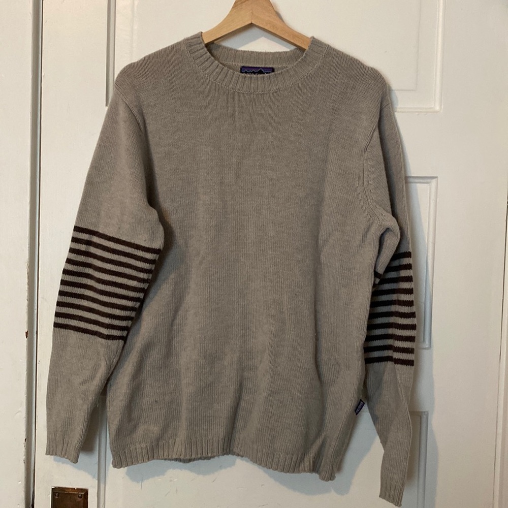 Patagonia Sweater Mens L Beige Brown Striped Sleeves Crewneck Lambswool Blend